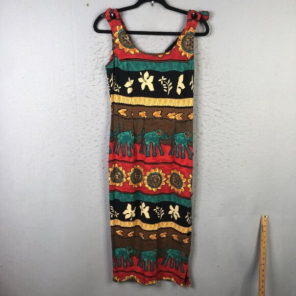 Vintage LEWNY Dress Womens 10 Elephant Sunflower Print Rayon Made in USA 90s - Picture 1 of 16